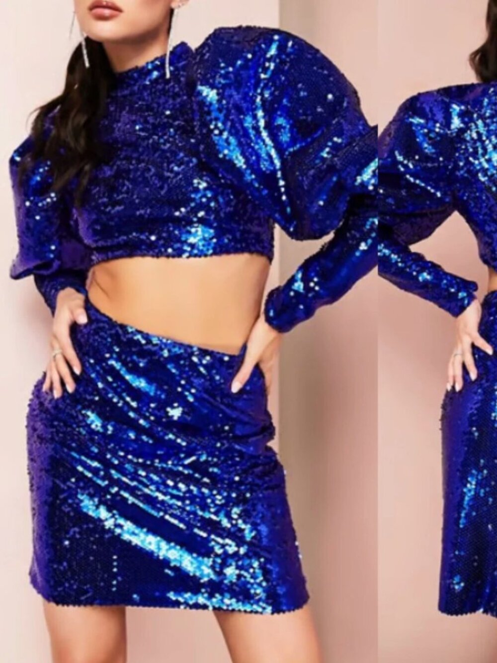 ASOS LUXE high neck puff sleeve cut out sequin mini dress in blue